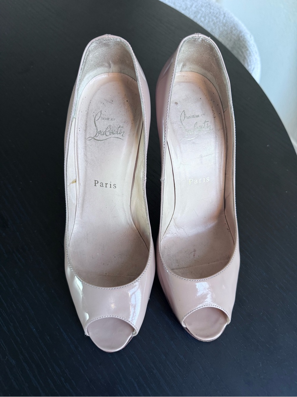 Christian Louboutin Nude Patent Leather Peep-Toe Pumps | Size 38